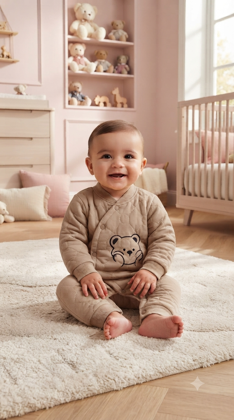 Comfy Quilted Baby Romper Featuring Adorable Bear Print And Easy Snap Button Closure