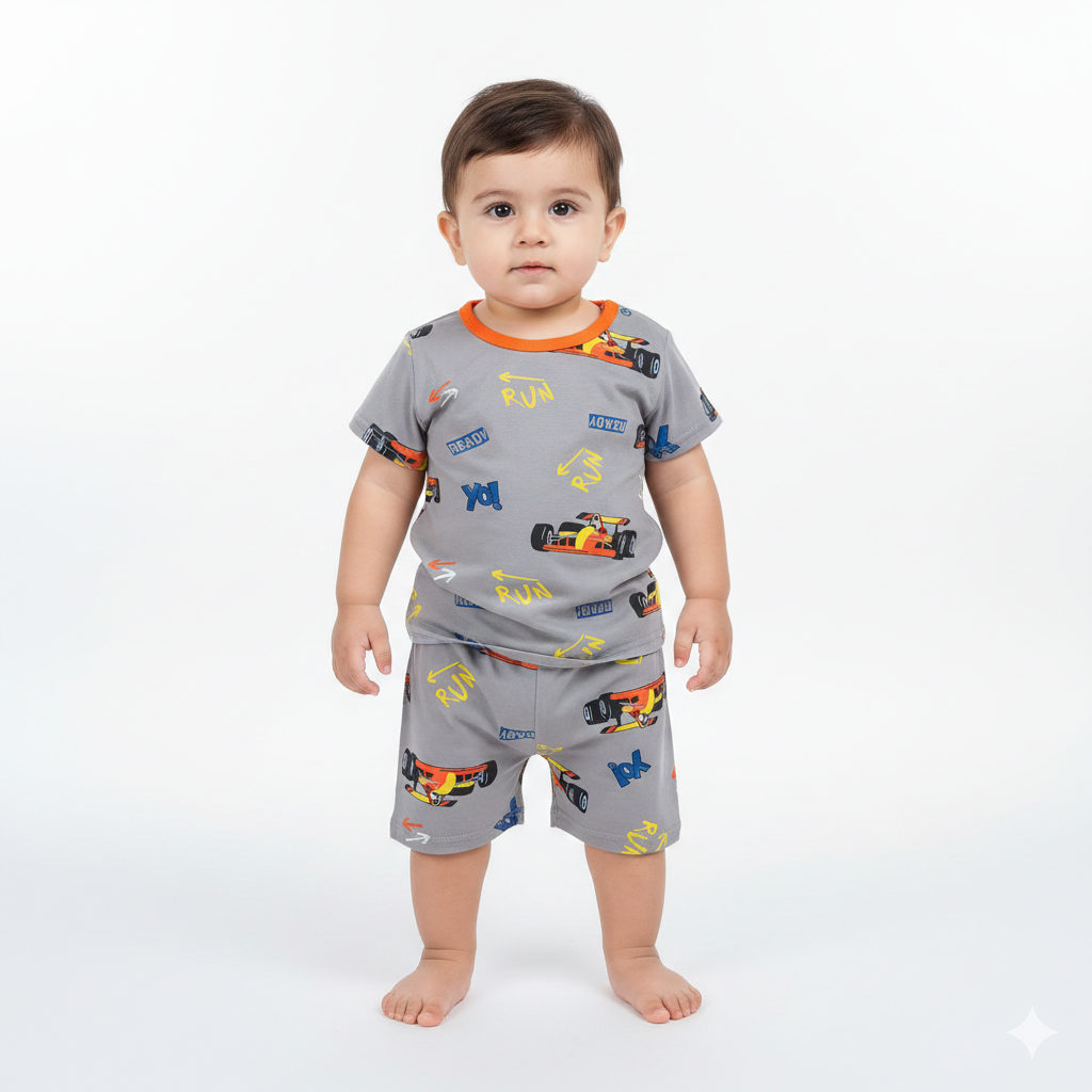 Cool Formula 1 Racing Car Print Toddler Boys Dark Grey Cotton Summer Pajama Set ✨