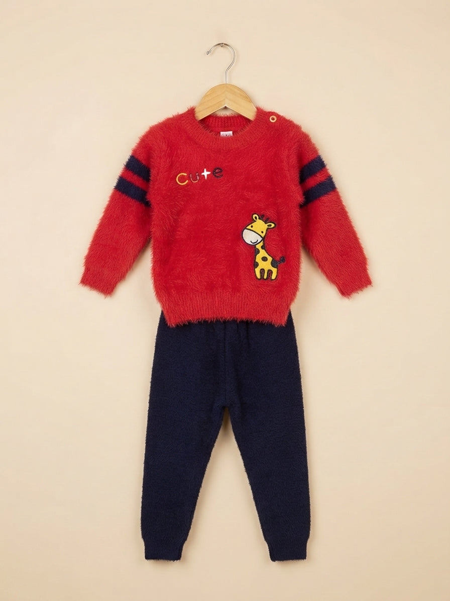 Fluffy Kids Cute Giraffe Graphic Winter Sweater And Trouser Outfit Set