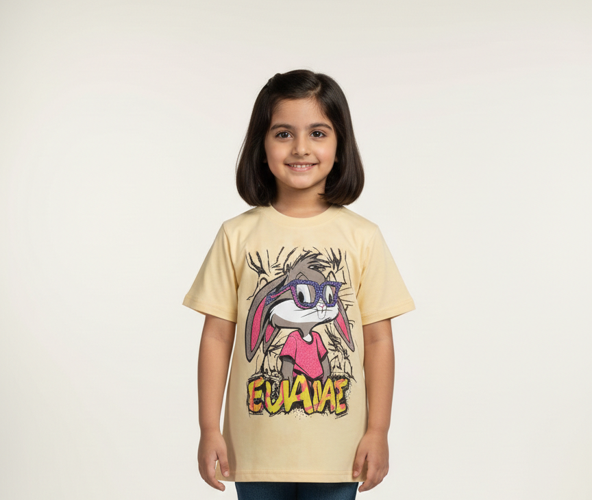 Girls' Fun Graphic T-Shirt with Cartoon Bunny Print in Mint, Cream, and Pastel Pink
