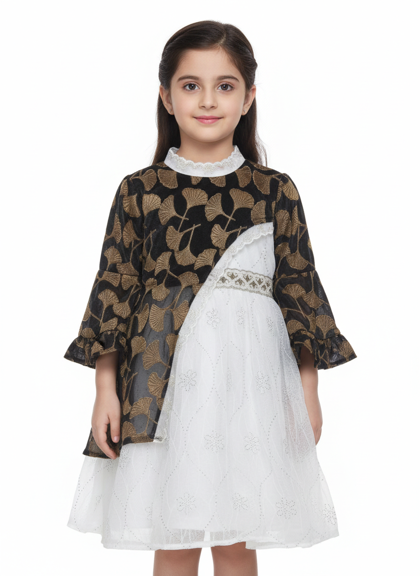 Girls’ Elegant Two-Tone Occasion Dress with Asymmetric Floral Overlay and Shimmering Tulle Skirt