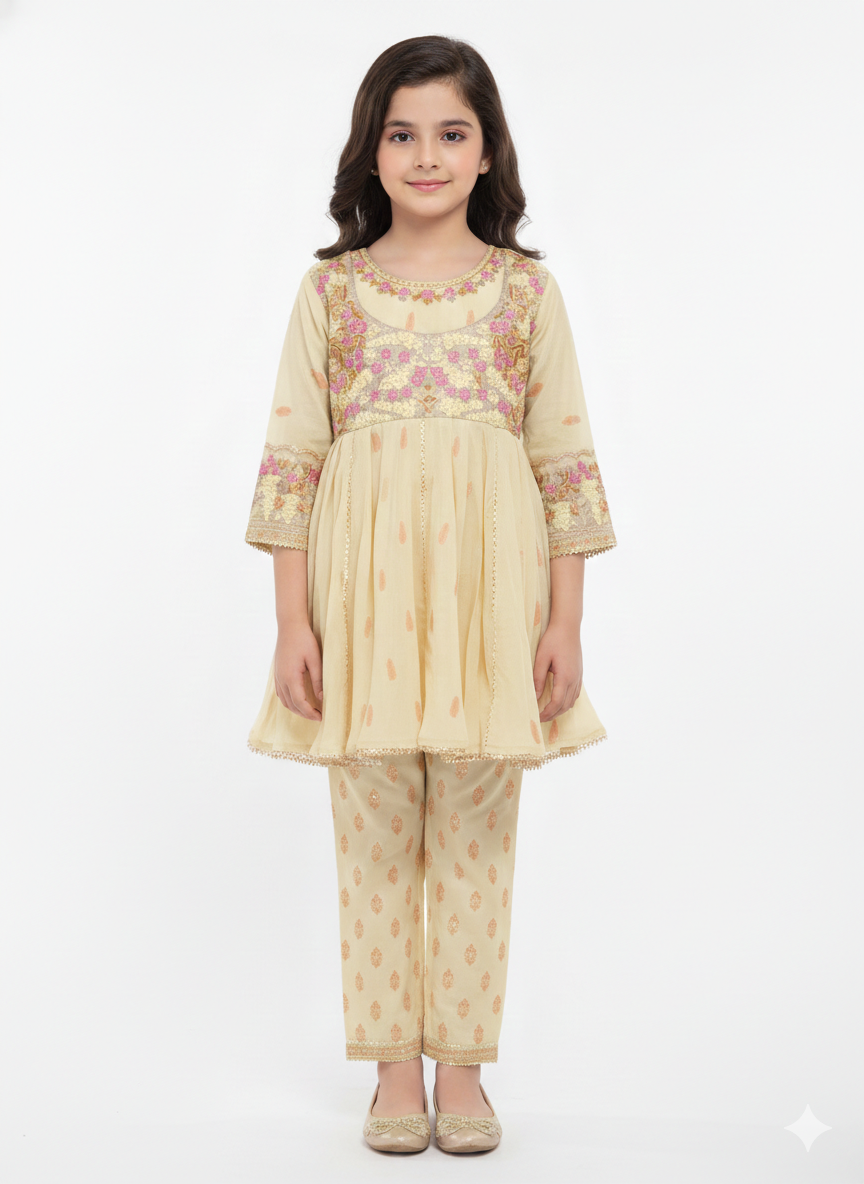 Elegant Girls' Embroidered Tulle Peplum Kurta Set in Festive Maroon and Soft Champagne Gold