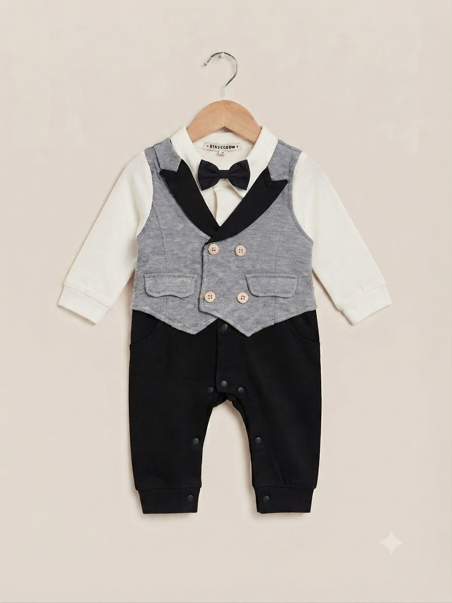 Elegant Gentleman Baby Boy Romper with Attached Waistcoat, White Shirt, and Cute Bowtie