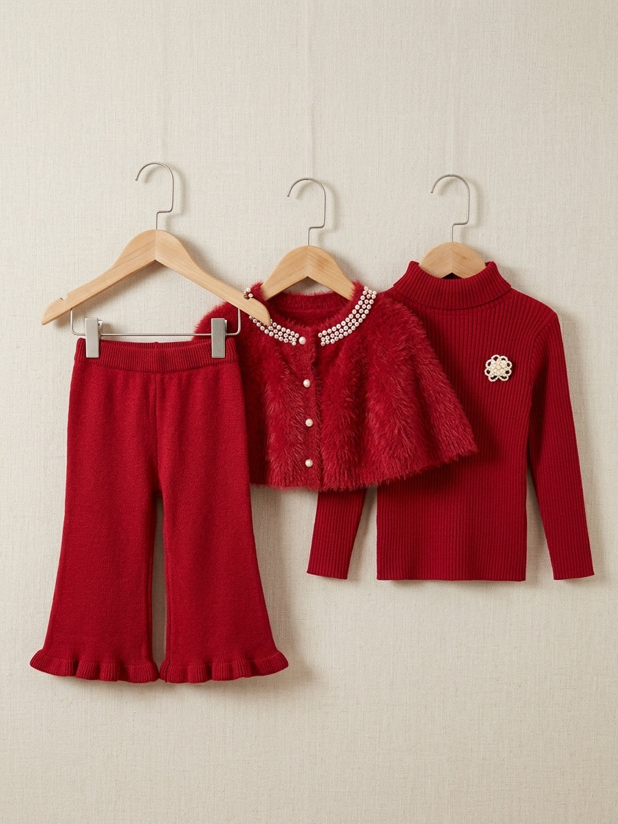 Girls Elegant 3 Piece Winter Knitwear Set Ribbed High Neck Pearl Cape Flare Pants