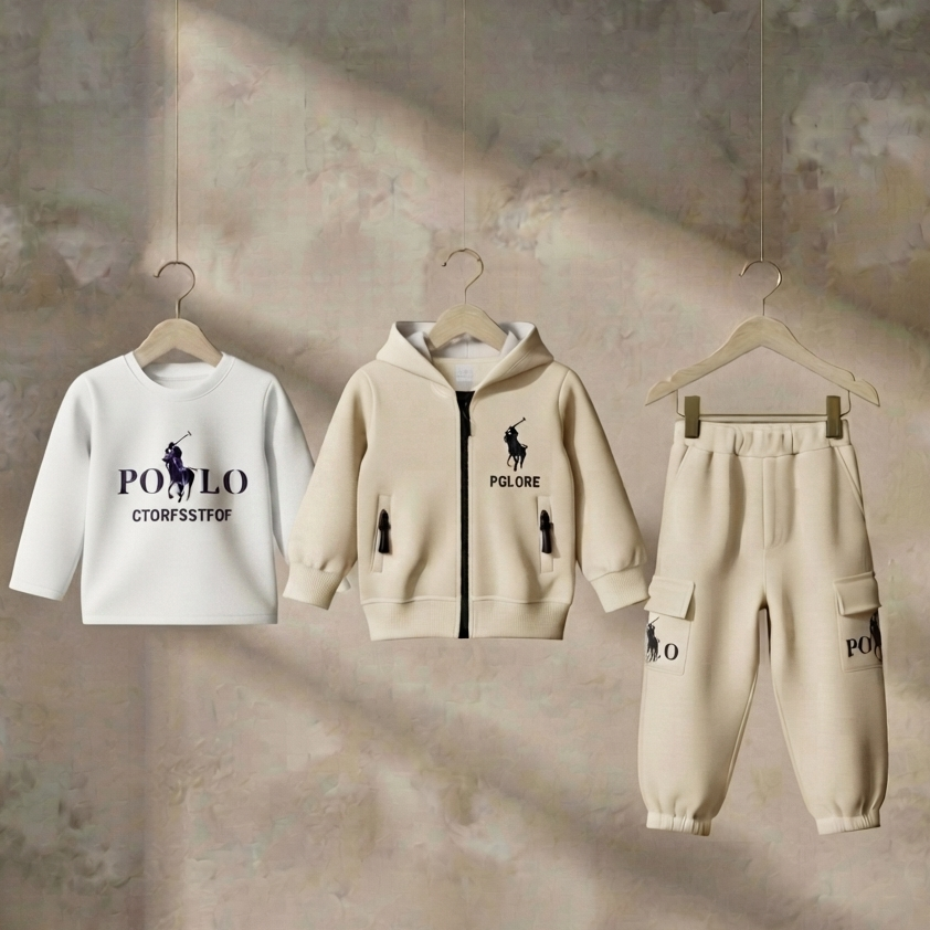 Kids Stylish 3 Piece Fleece Tracksuit Full Zip Hoodie Sweatshirt Cargo Trousers Set