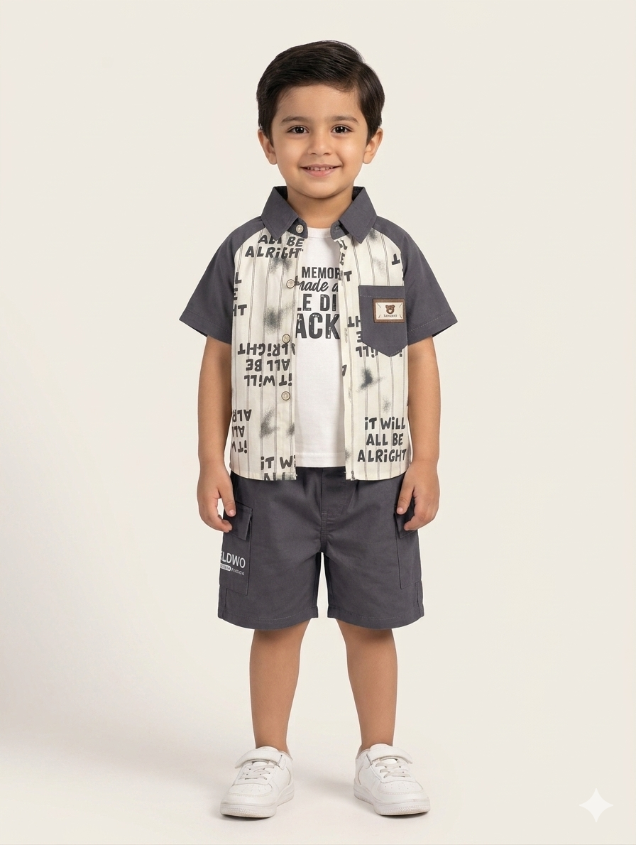 Boys Three Piece Casual Summer Set Printed Shirt T-Shirt and Matching Cargo Pocket Shorts