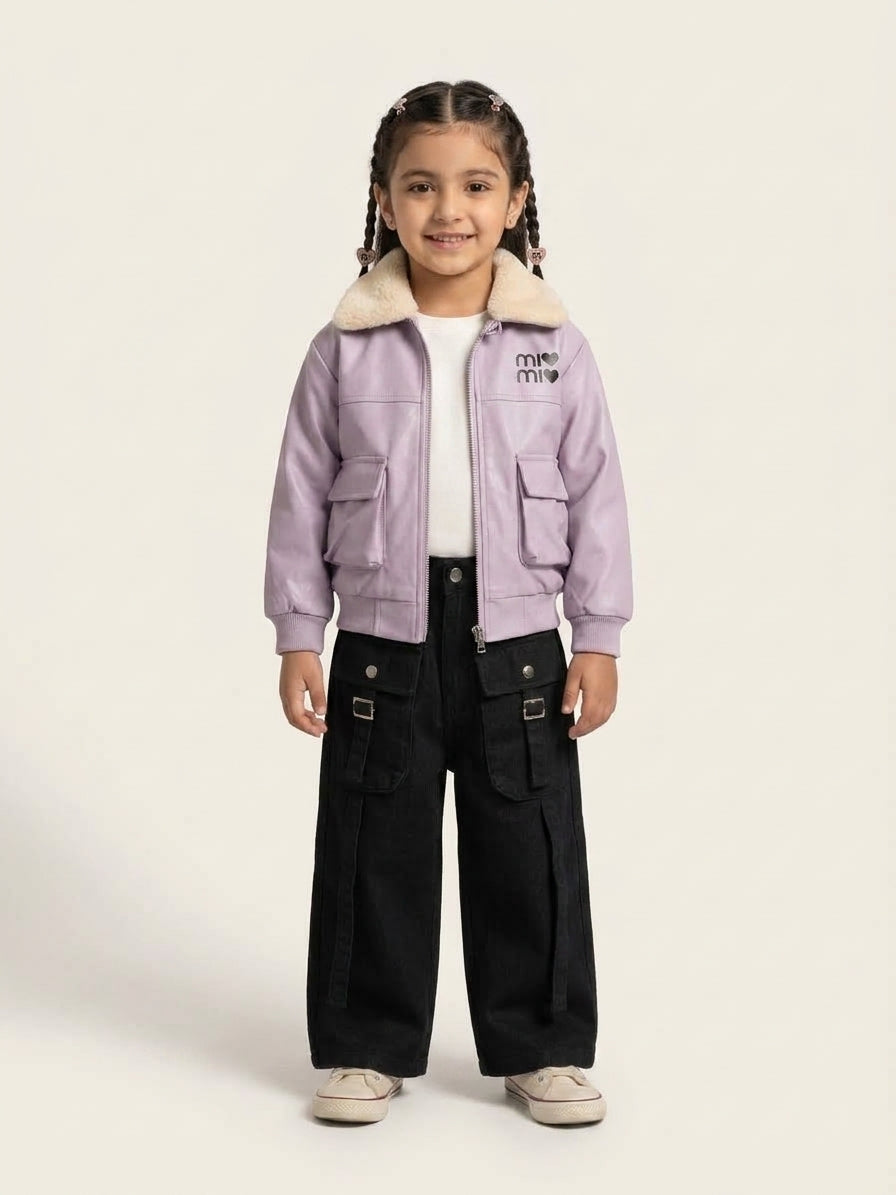 Girls Lavender Faux Leather Fur Collar Jacket Three Piece Suit Set With White Inner T-Shirt