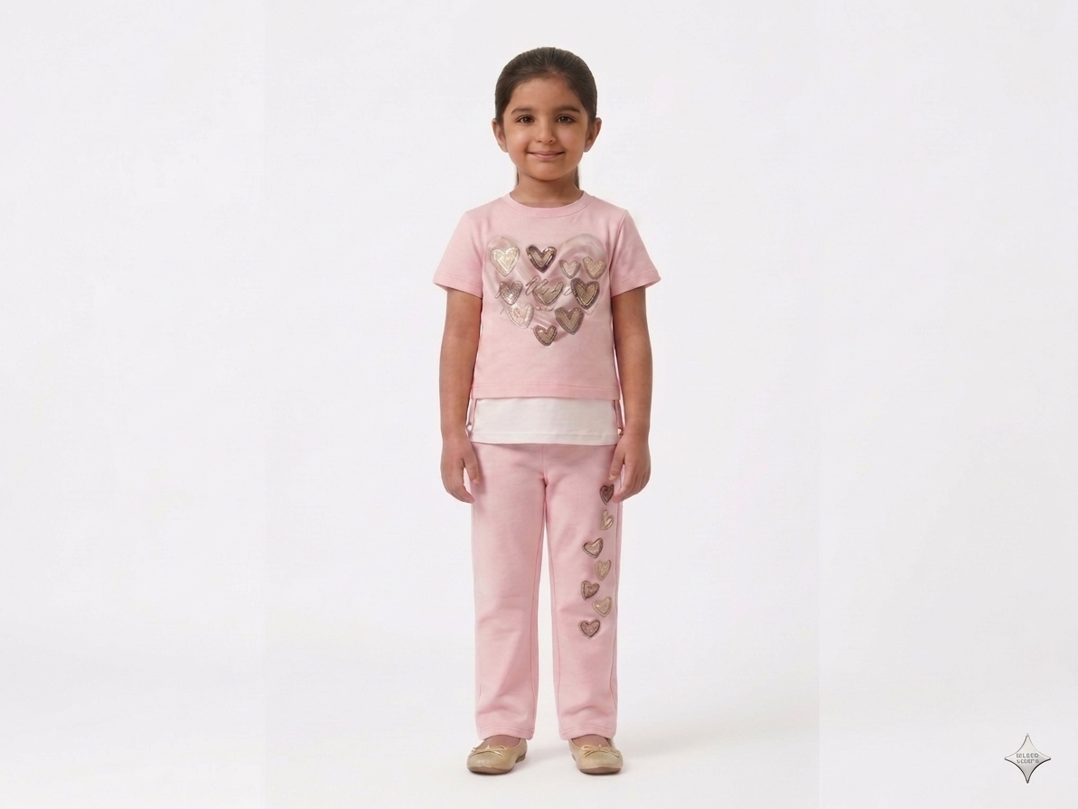 Girls Heart Print Three-Piece Cotton Co-ord Set with Layered Tee and Matching Straight Pants