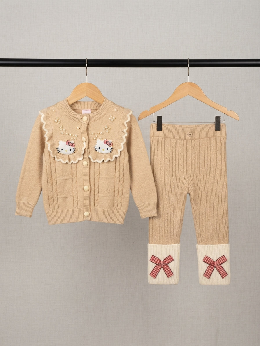 Girls Pearl Embroidered Cartoon Cat Cardigan And Bow Legging Outfit Set