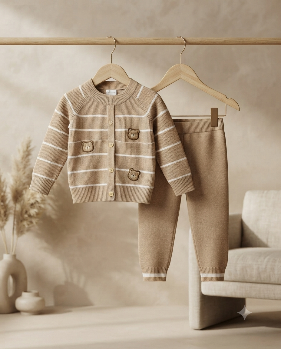 Cozy Striped Knitted Cardigan And Pants Set With Cute Bear Patch Design For Babies