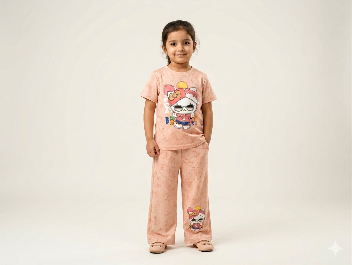 Girls Graphic Print Tee and Wide Leg Trousers Set in Teal and Peach Colors
