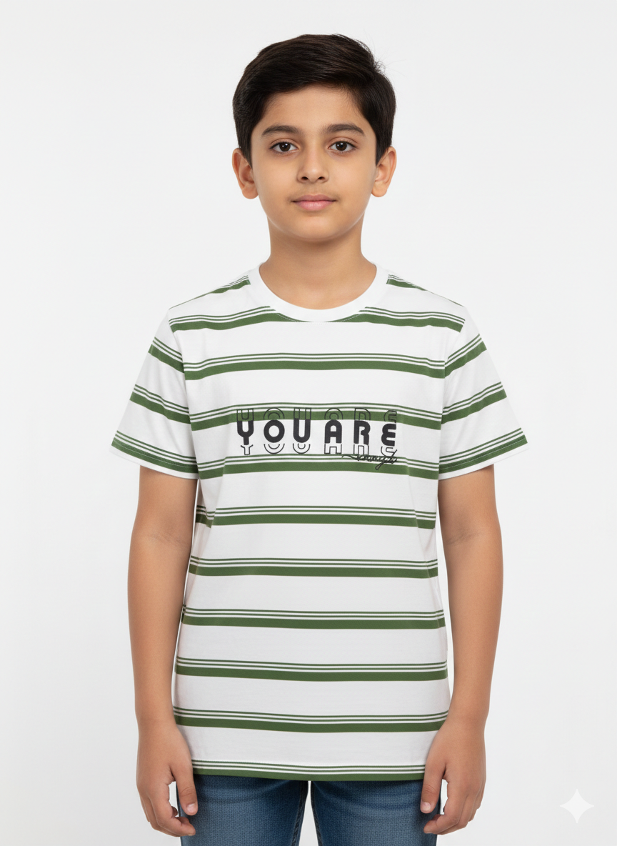 A Modern Young Boy Showcasing A Vibrant Five Color Earth Tone Striped Graphic T Shirt