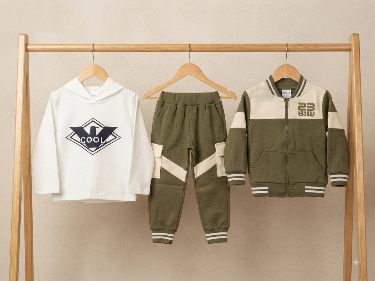 Kids stylish 3-piece winter outfit set featuring hoodie, pant, and zip-up jacket.