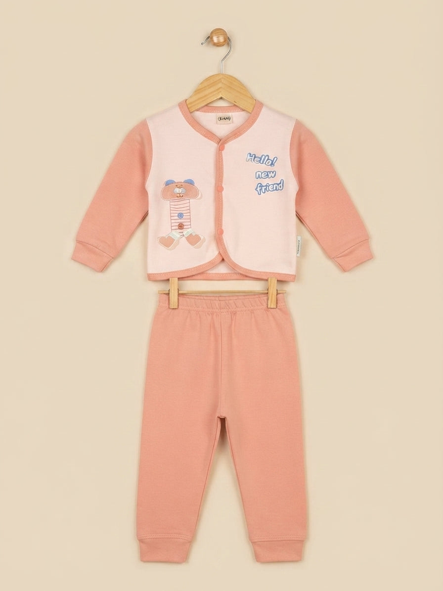 Cute Baby Cotton Full Sleeves Cardigan And Trouser Clothing Set For Daily Wear