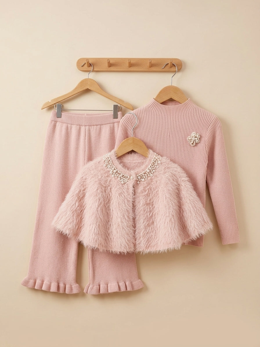 Girls Elegant 3 Piece Winter Knitwear Set Ribbed High Neck Pearl Cape Flare Pants