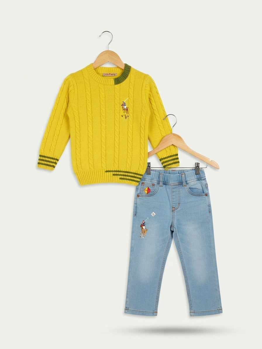 Kids Embroidered Polo Sweater And Denim Jeans 2 Piece Winter Outfit Set