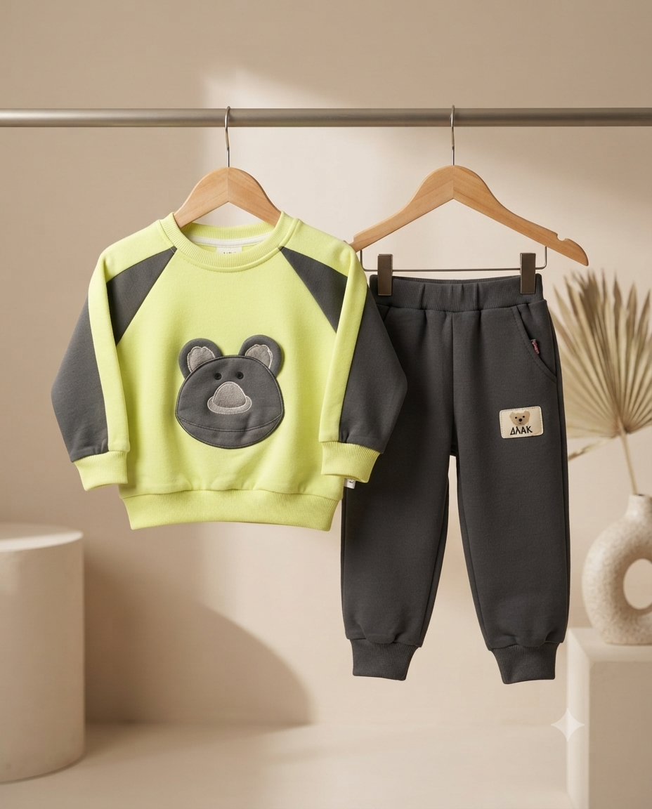 Cozy Cute Bear Applique Sweatshirt And Matching Jogger Pants Set For Active Toddlers