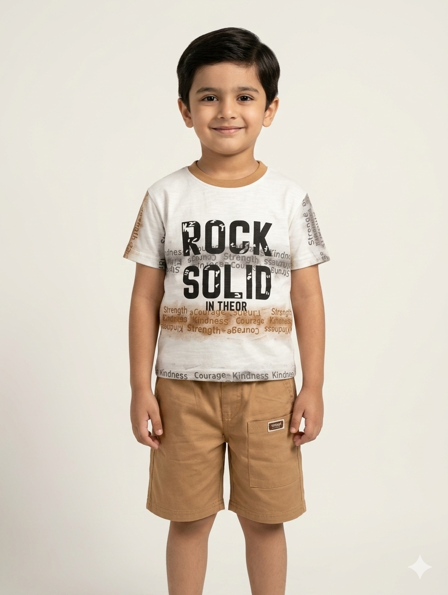 Boys' Rock Solid Graphic Tee and Cargo Shorts Set in Earthy Summer Tones