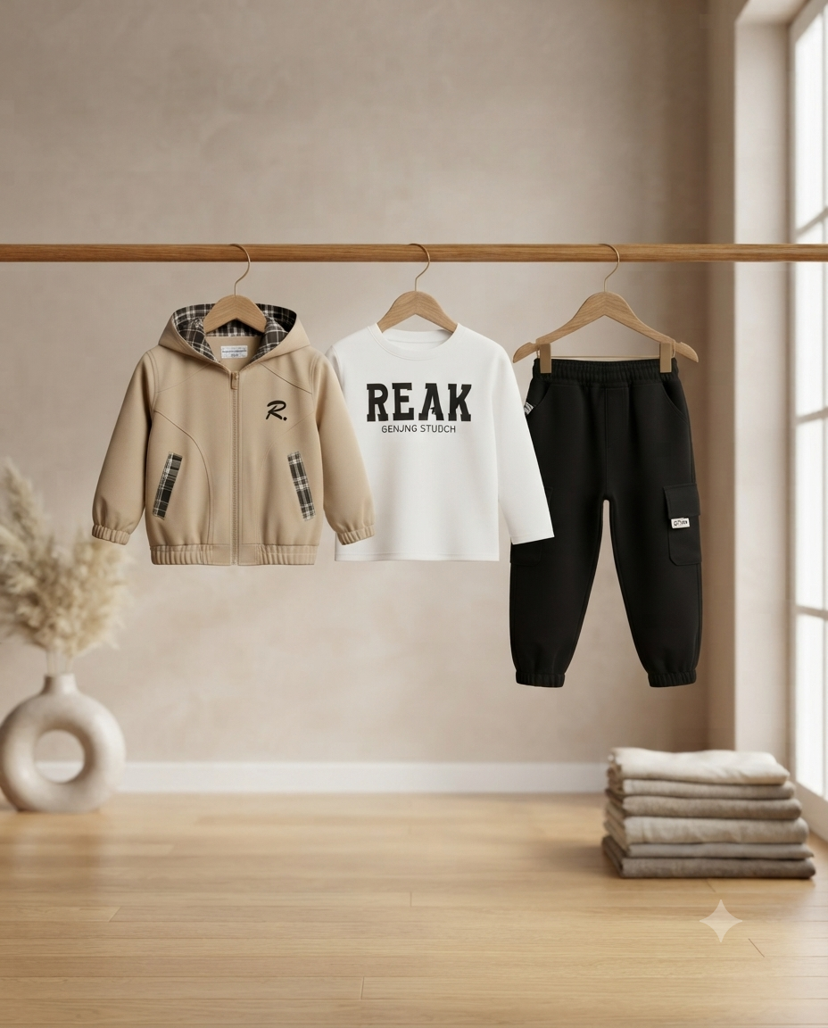 Stylish Boys Three-Piece Clothing Set Featuring Hooded Jacket Long Sleeve Tee And Cargo Pants