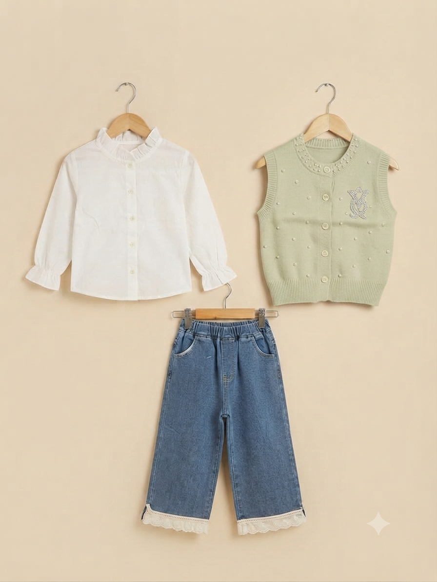 Stylish Girls 3-Piece Outfit Set Featuring White Ruffle Shirt, Knit Vest, And Denim Trouser