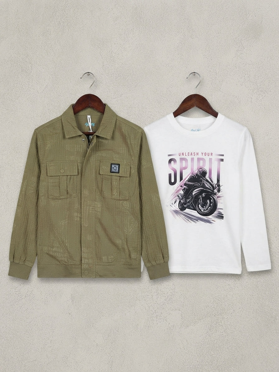 Trendy Boys Motorcycle Graphic Tee And Utility Button Jacket Outfit Combo Set
