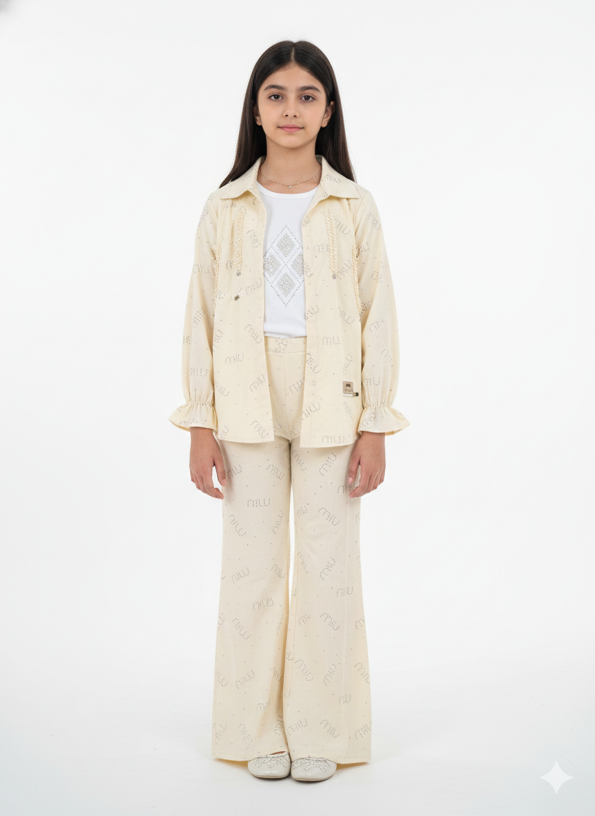 Elegant Girls' Three-Piece Vibrant Pink Flare Pant Set with Tailored Jacket and Embellished Top