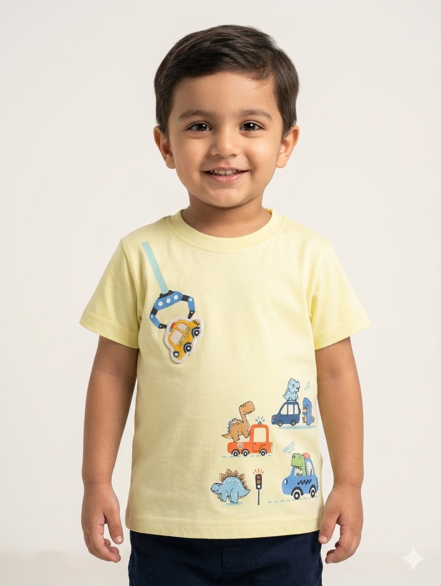 Boys Dinosaur Construction Crane Graphic Tee - Cute Prehistoric Animal Cars Short Sleeve Cotton Shirt