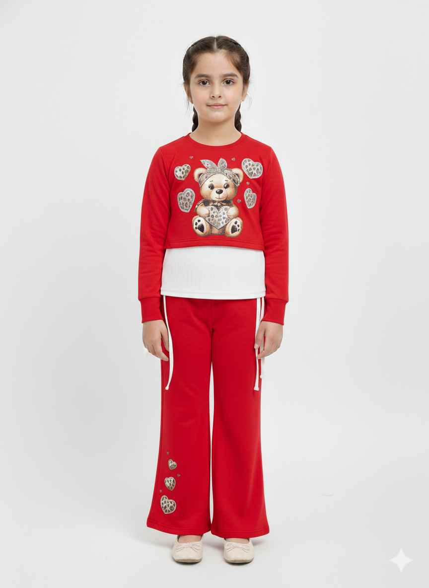 Girls' 3-Piece Leopard Heart Teddy Bear Crop Sweatshirt and Wide-Leg Flare Pant Set