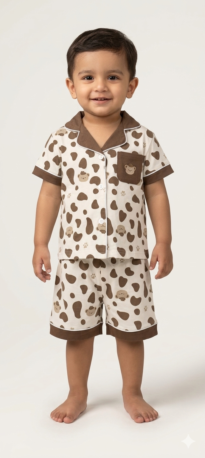 Toddler Boy Two-Piece Brown and White Animal Print Short Pajama Set with Bear Embroidery