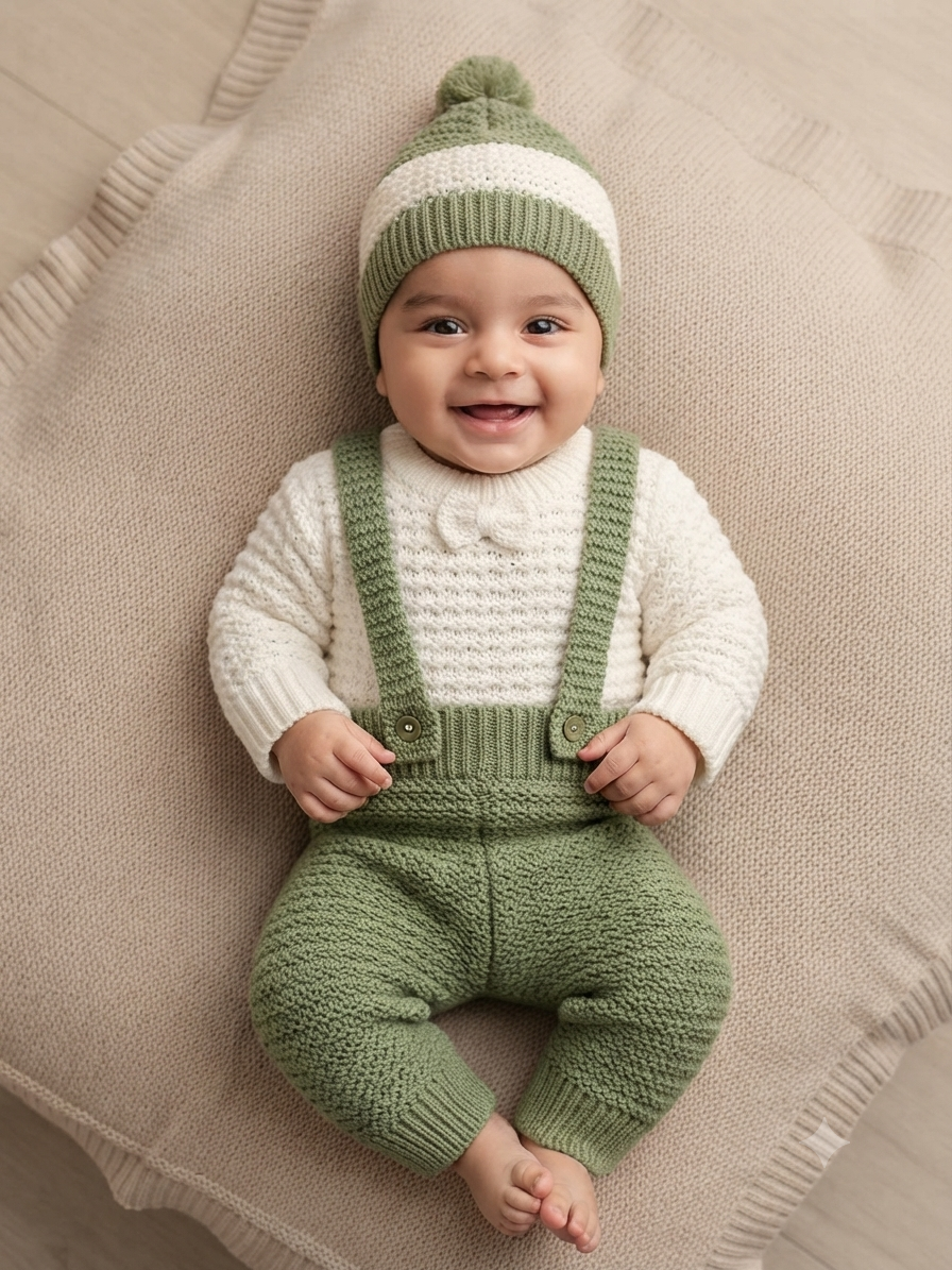 Cute baby knitwear outfit set with long-sleeve sweater, overalls, and matching beanie hat.