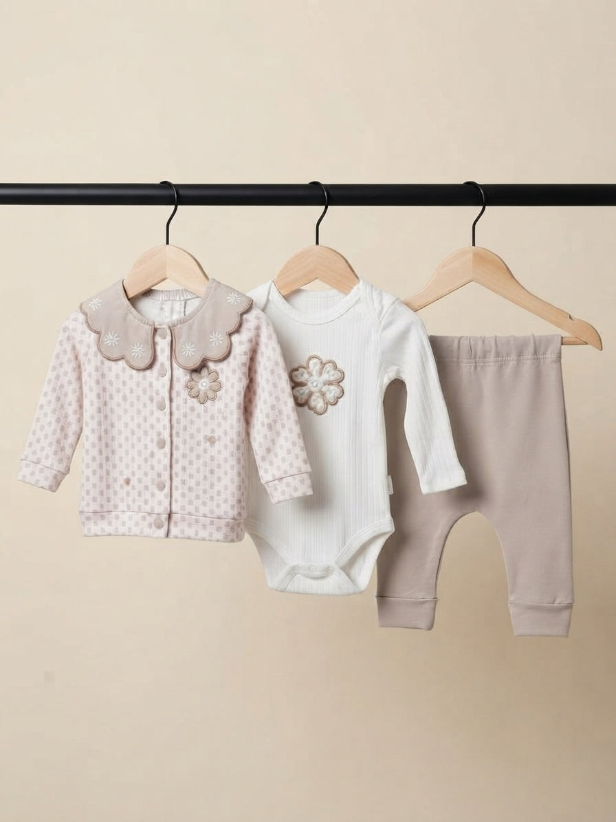 Baby Floral Print Cardigan Body And Pants Set With Scalloped Collar