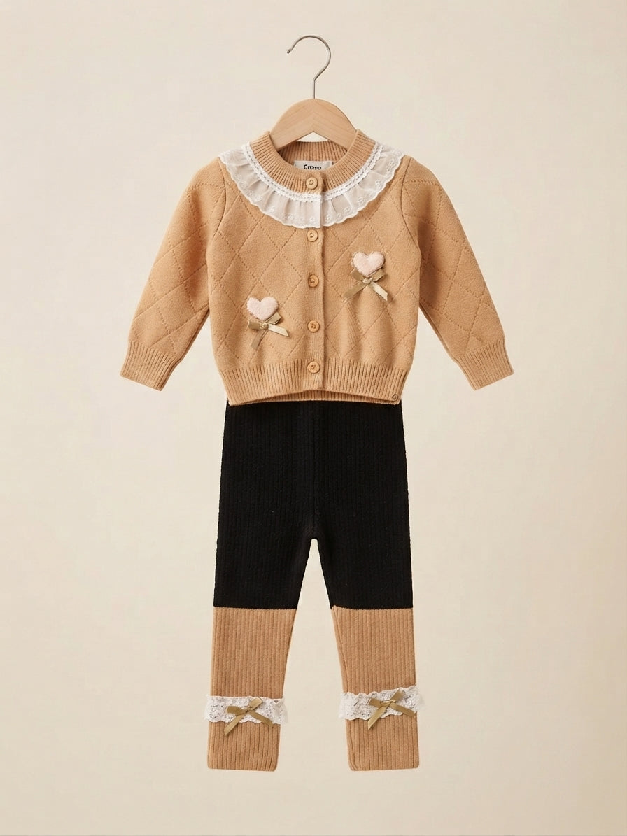 Charming Knit Cardigan and Matching Pants Set Featuring Elegant Lace Trim and Heart Accents