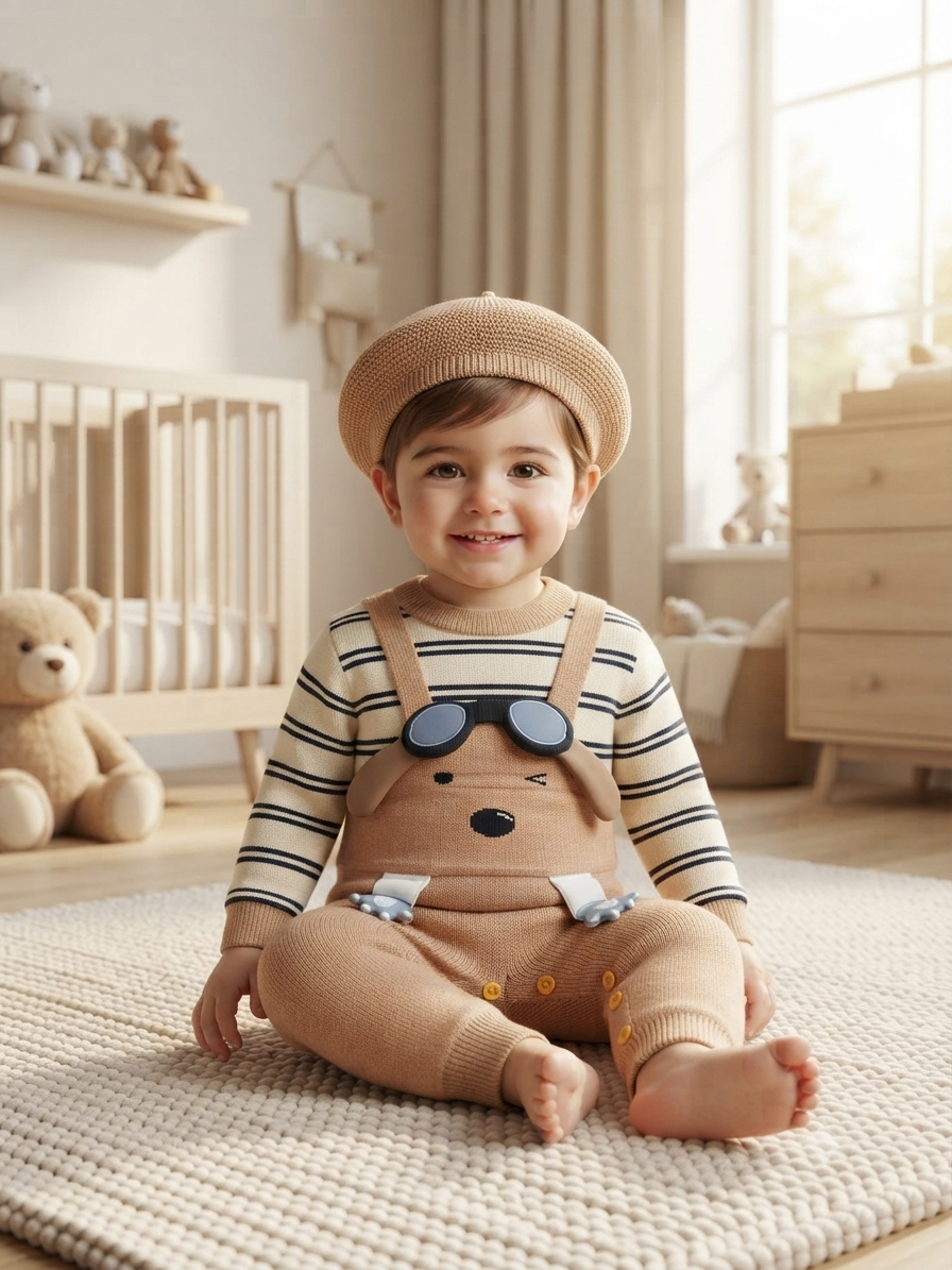 Adolescent And Toddler Cute Knitted Winter Outfit Set With Matching Beret Cap
