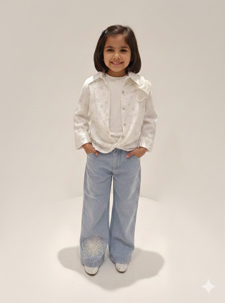 Girls Elegant Lace Shirt and Flower Detail Wide Leg Denim Jeans Two Piece Fashion Set