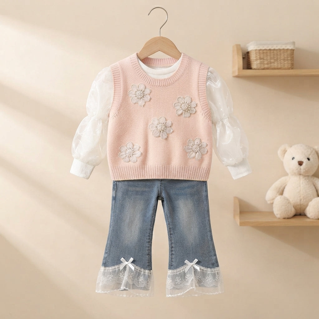 Cute Floral Knit Sweater Vest With Sheer Sleeves And Denim Trouser Set For Girls