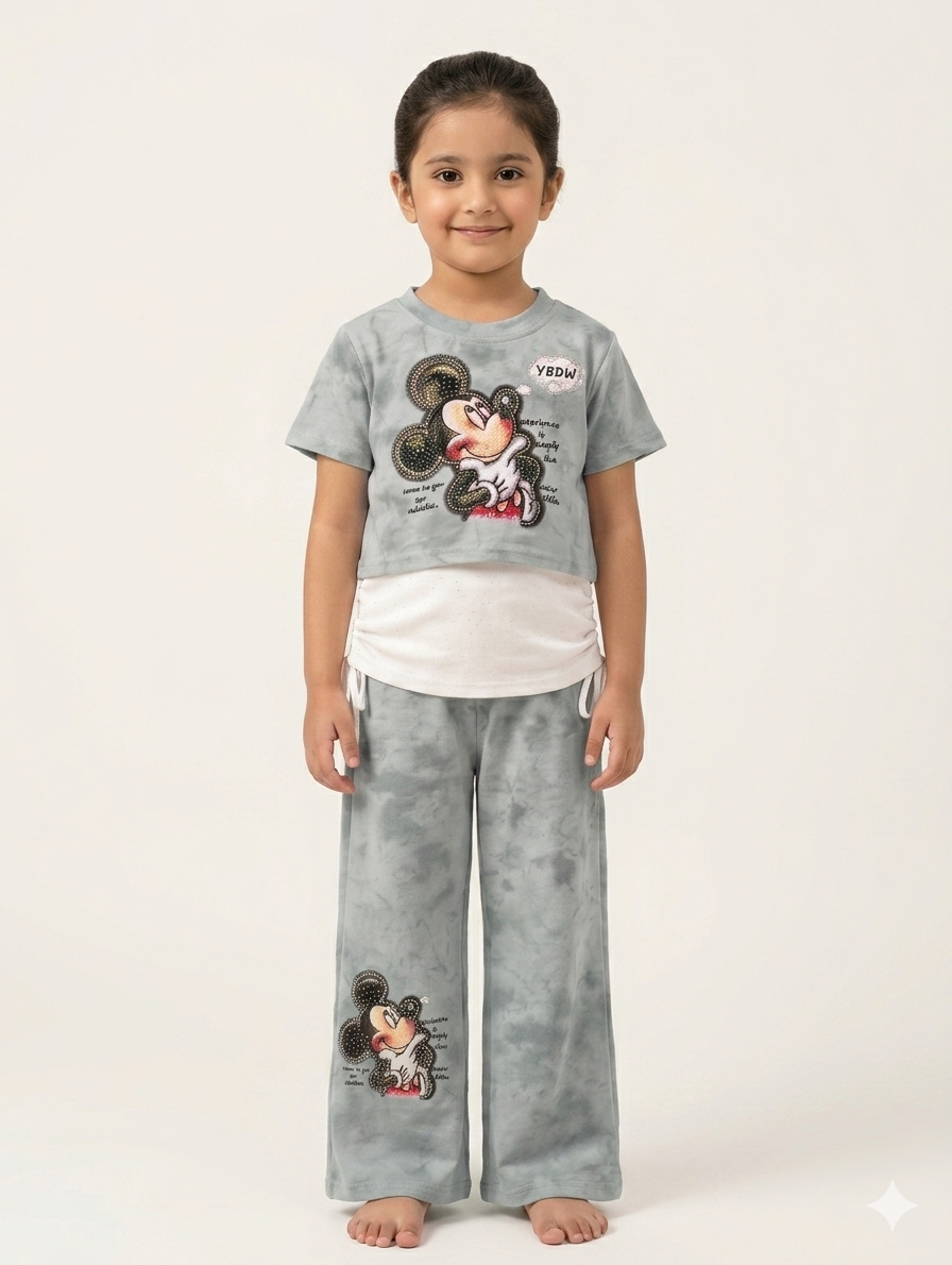 Girls Tie Dye Mickey Mouse Three Piece Coord Set with Layered Top and Wide Pants