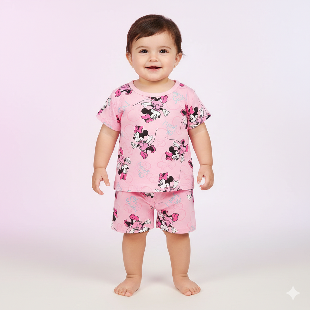 Cute Minnie Mouse Character Print Toddler Girls Pink Cotton Summer T-Shirt and Shorts Set ✨