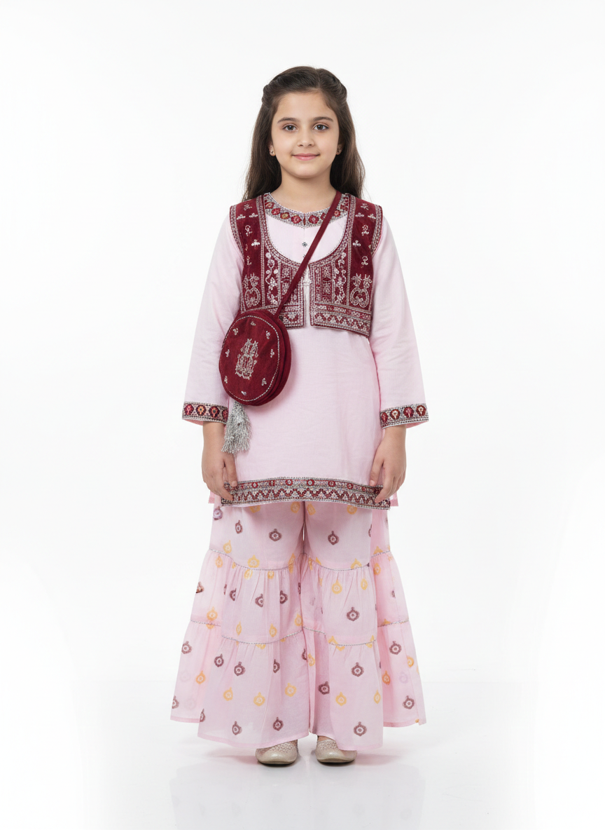 Girls' Traditional Embroidered Kurta & Gharara Set with Contemporary Waistcoat and Matching Potli Bag