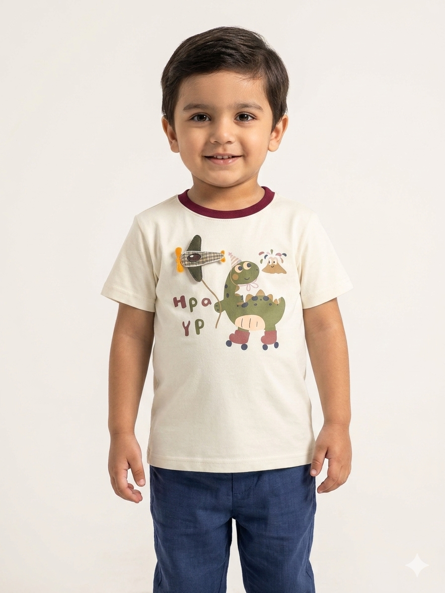 Boys Off-White Graphic T-Shirt - Cute Dinosaur Adventure Design