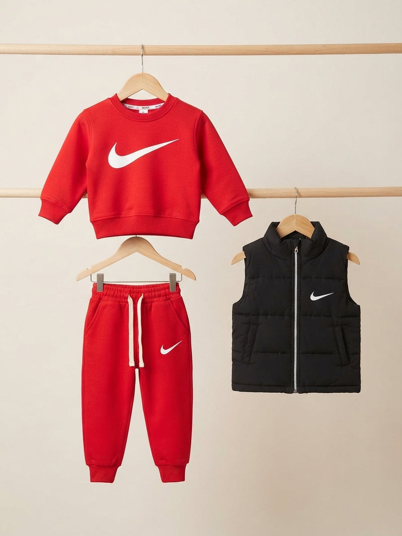 Kids Athletic Brand Logo Printed Crewneck Sweatshirt Puffer Vest And Trouser 3 Piece Outfit