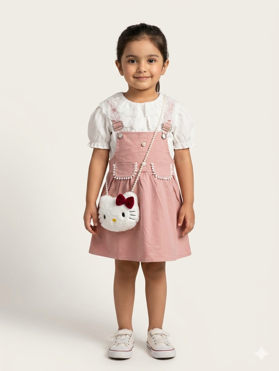 Toddler Girls Lace Collar Blouse and Overall Dress Set with Plush Character Crossbody Bag