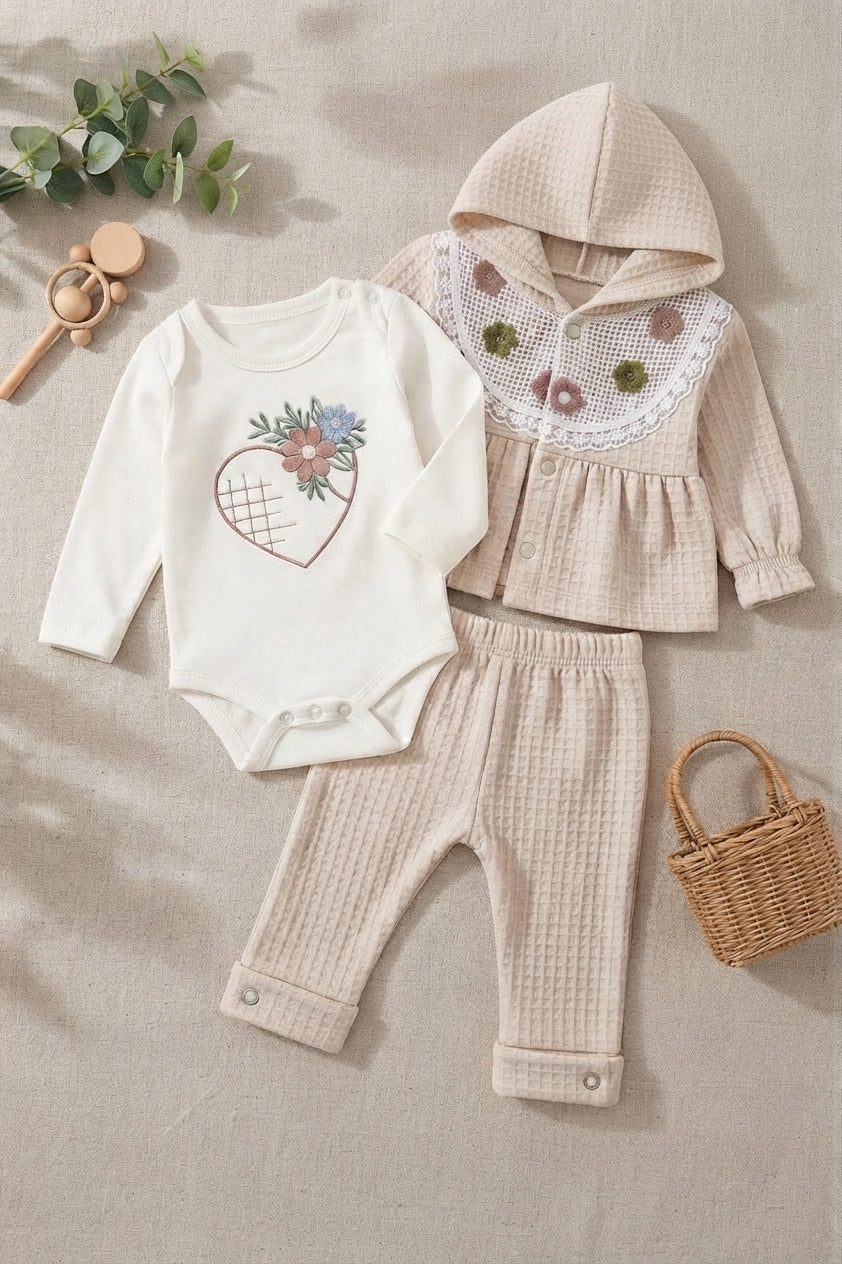 Imported Turkish Baby Girl Beige Waffle Textured Jacket And Trousers Outfit Set