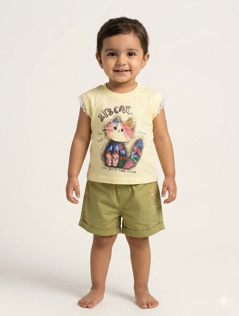 Toddler Girls' Two-Piece Cat Graphic T-Shirt and Rolled Cuff Shorts Cotton Summer Set