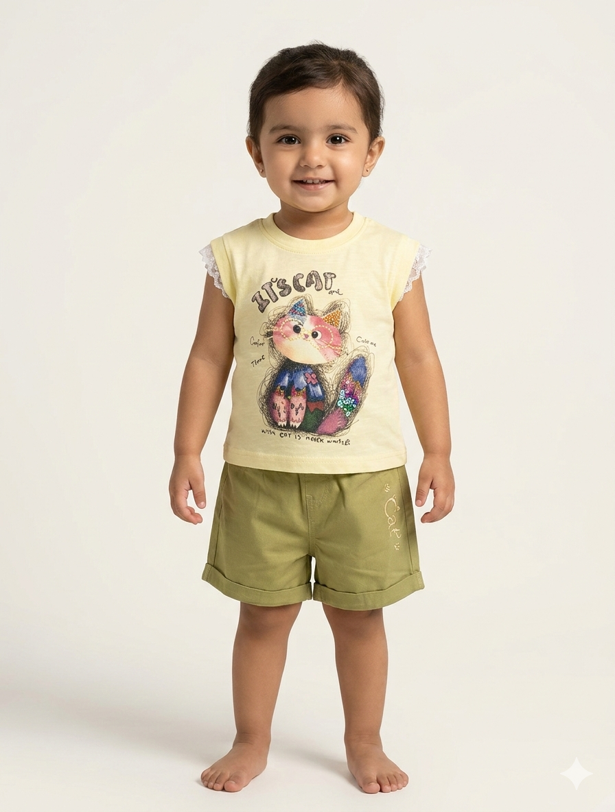 Toddler Girls' Two-Piece Cat Graphic T-Shirt and Rolled Cuff Shorts Cotton Summer Set