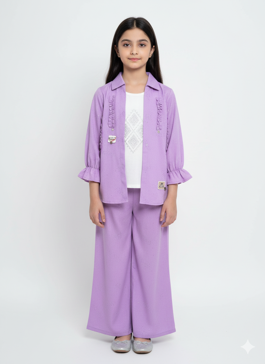 Elegant Girls' Three-Piece Vibrant Pink Flare Pant Set with Tailored Jacket and Embellished Top
