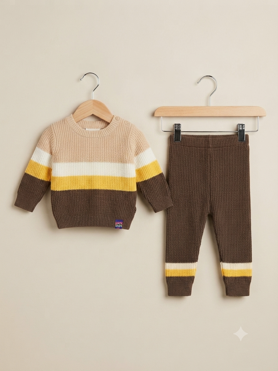 Baby Knitted Sweater And Trouser Set With Striped Pattern For Toddlers