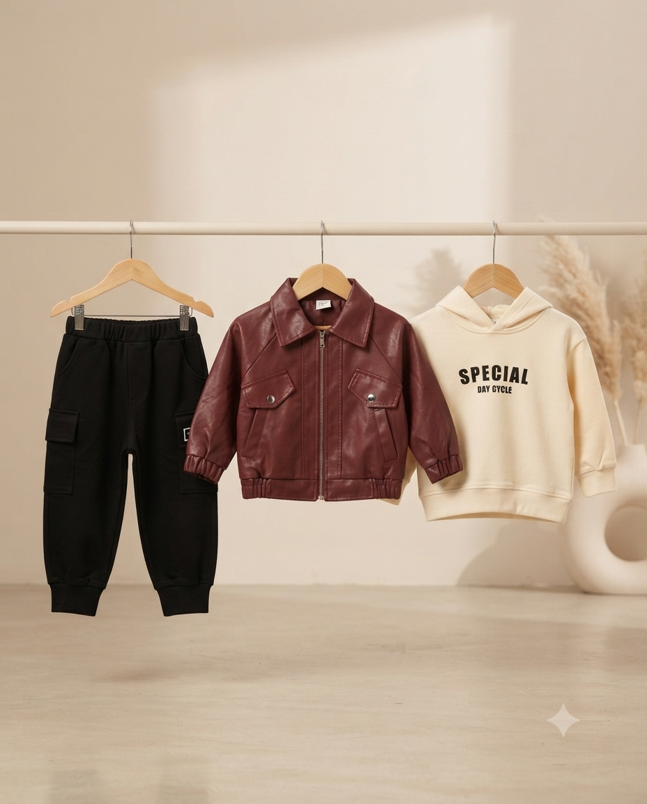 Stylish Three Piece Boys Outfit Set Leather Jacket Hoodie And Cargo Pants