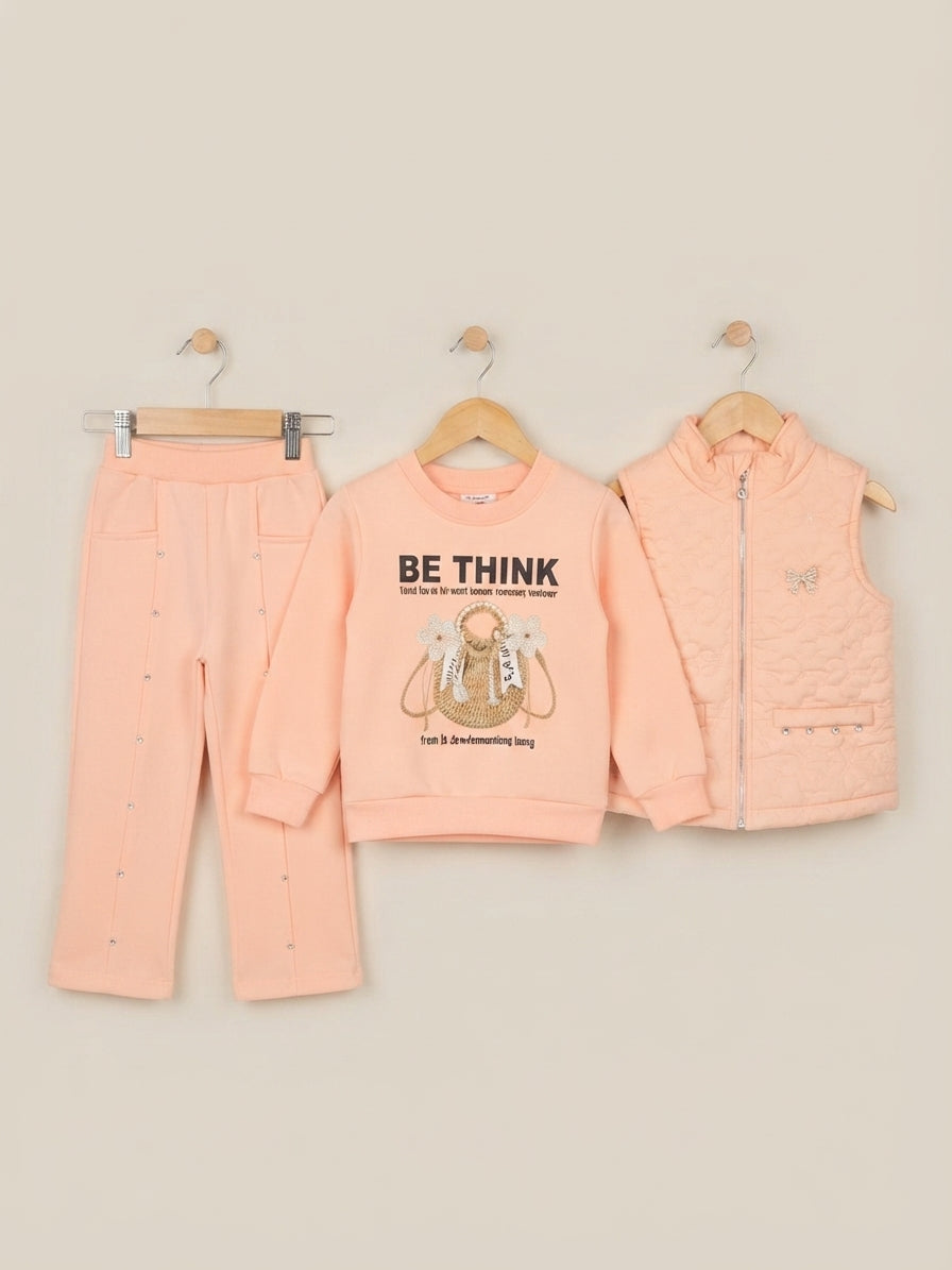 Kids Be Think Graphic Sweatshirt Quilted Vest And Beaded Pant Outfit Set