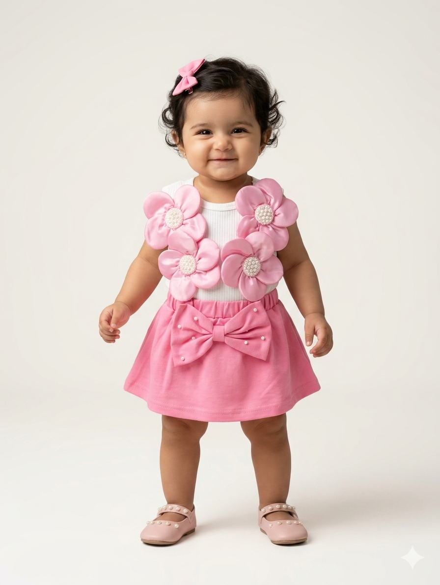 Toddler Girl 3D Floral Applique Skirt Set with Matching Headband and Bow Detail Shoes