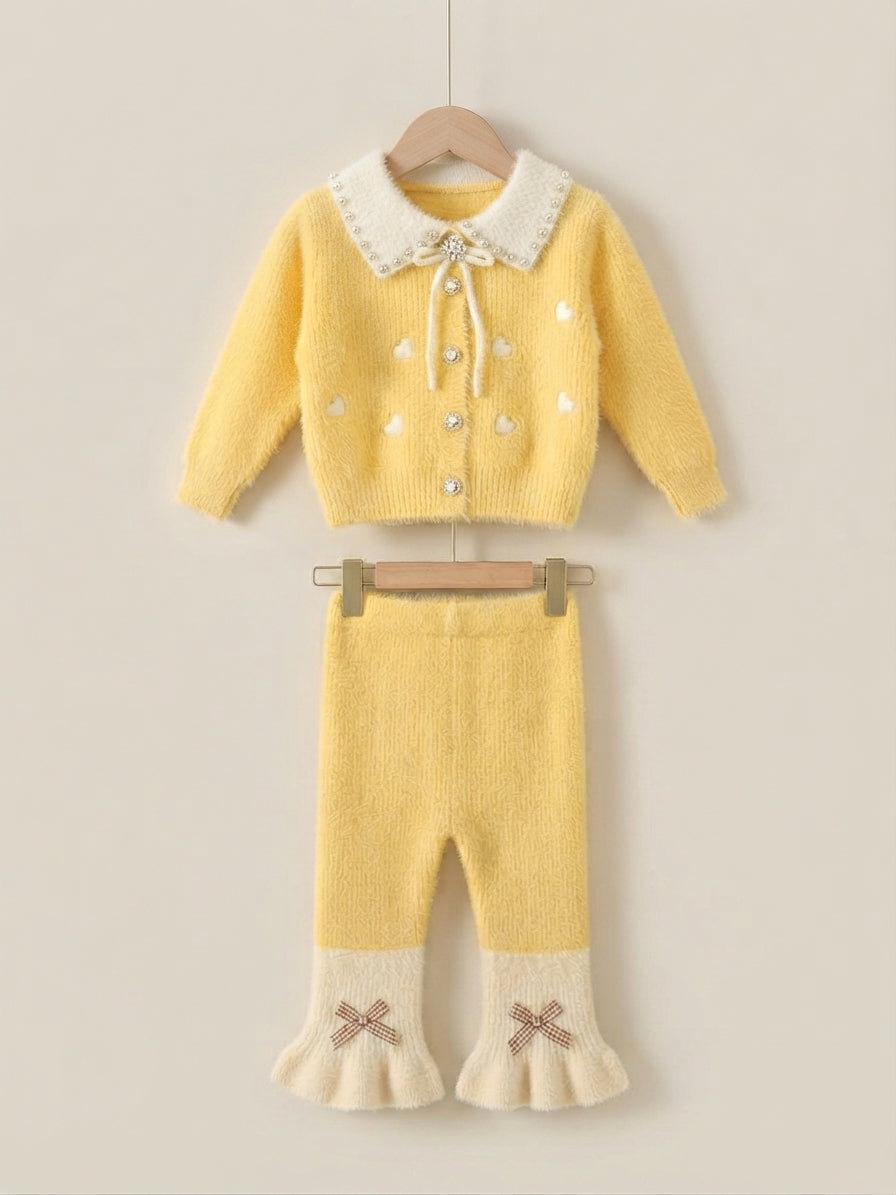 Cozy Girls Pearl Collar Fuzzy Cardigan and Ruffled Bow Pants Winter Outfit Set